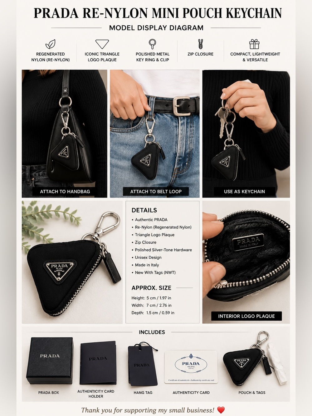 Prada Re-Nylon Triangle Mini Pouch Keychain Black NWT Authentic Unisex